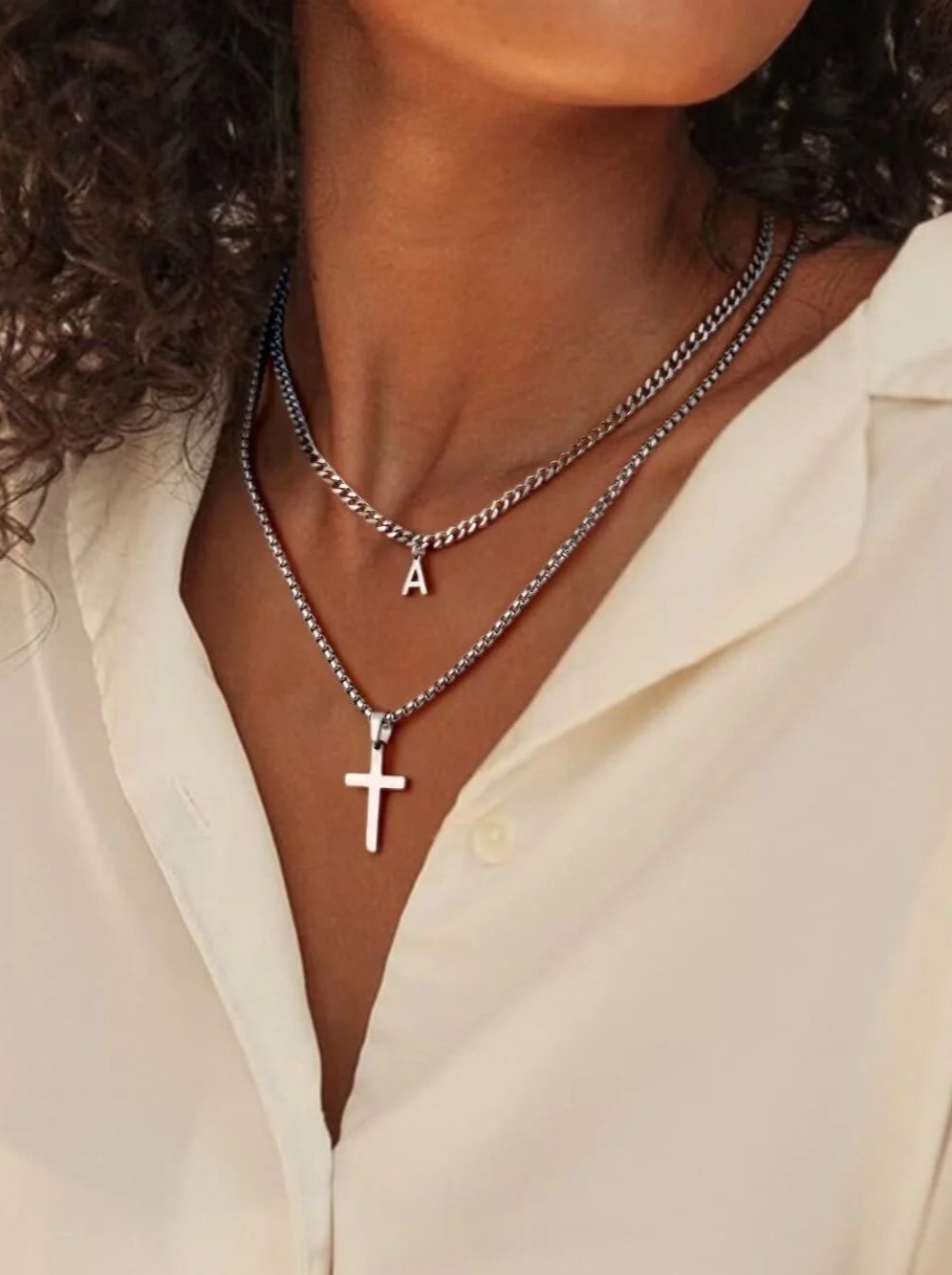 Layered Cross Necklace for Men Stainless Steel Chain Cross Initial Pendant Necklace Cuban Link Chain Necklaces for Men Women Fathers Day Gifts