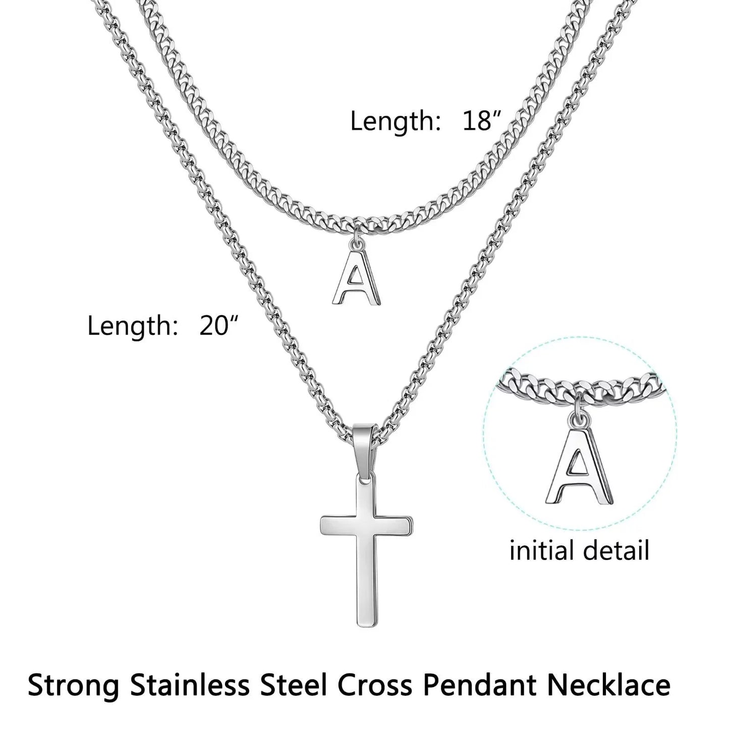 Layered Cross Necklace for Men Stainless Steel Chain Cross Initial Pendant Necklace Cuban Link Chain Necklaces for Men Women Fathers Day Gifts