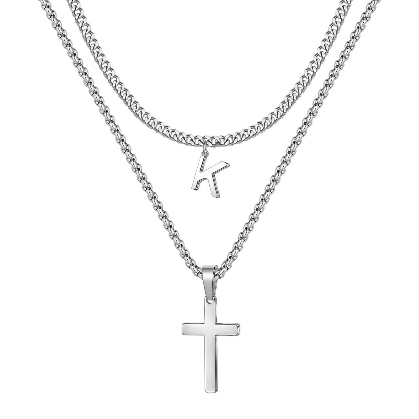 Layered Cross Necklace for Men Stainless Steel Chain Cross Initial Pendant Necklace Cuban Link Chain Necklaces for Men Women Fathers Day Gifts