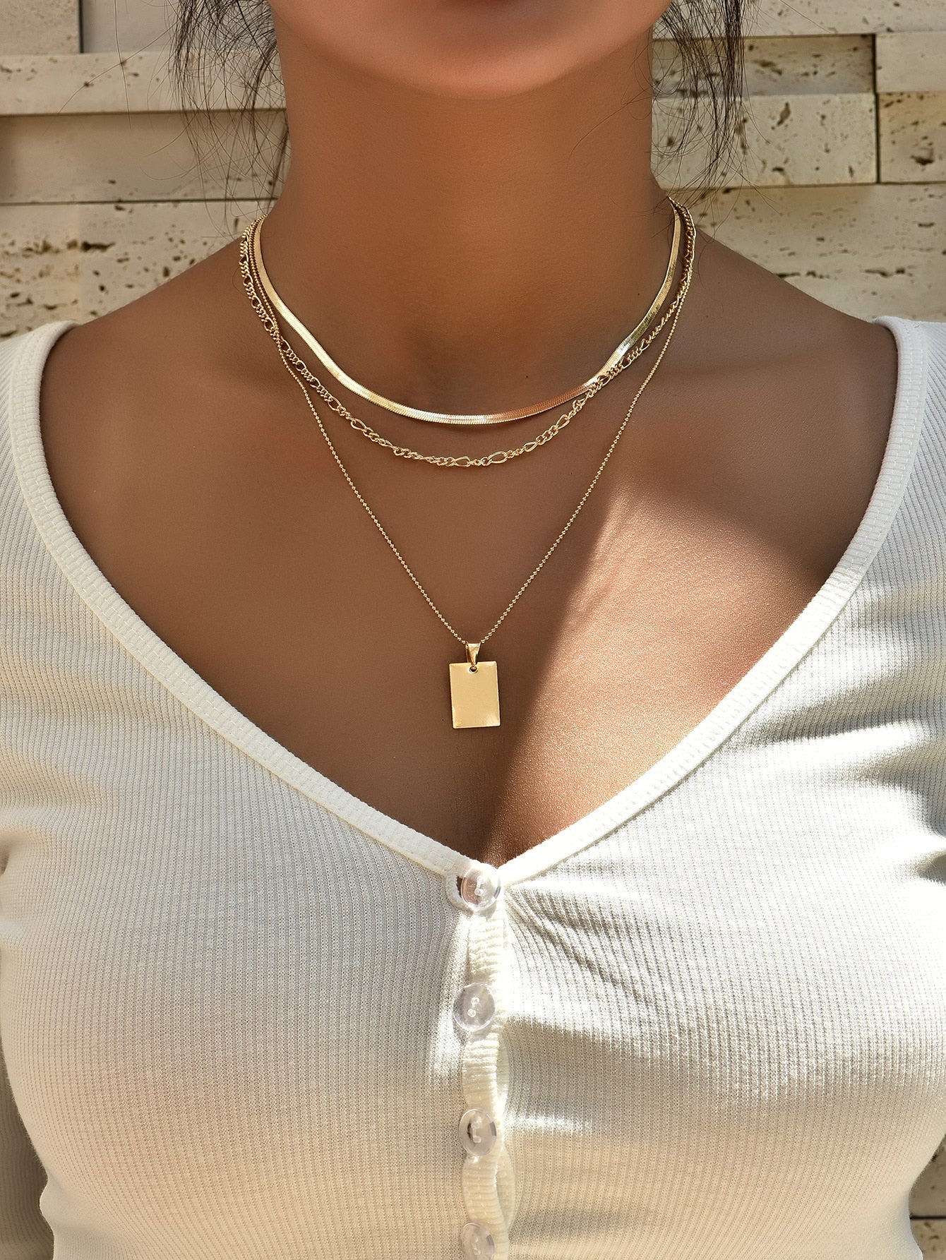 2Pcs Rectangle Pendant Layered Necklace