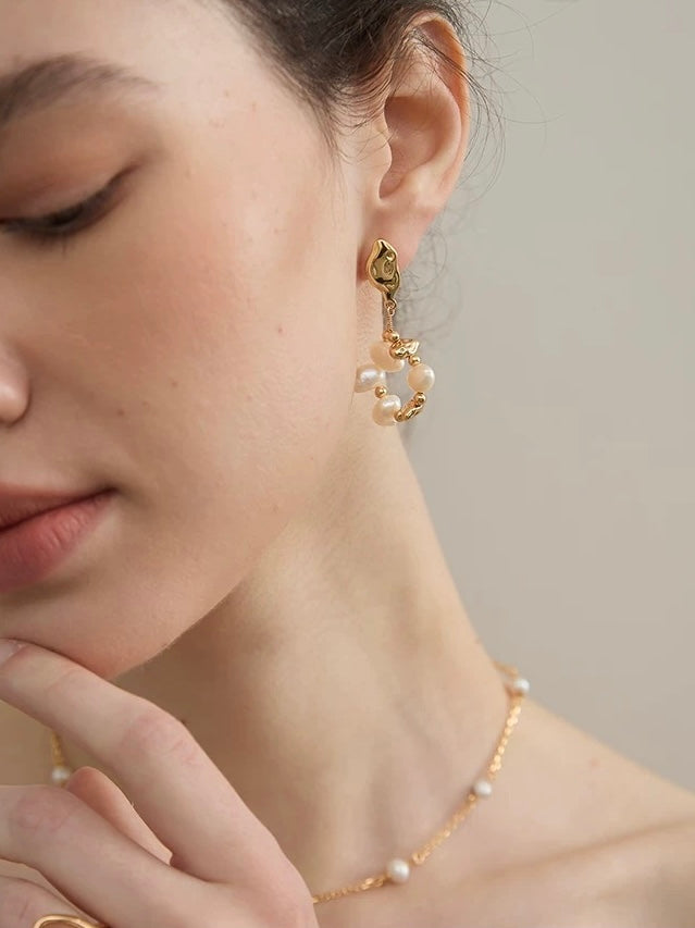 Baroque Pearl and Irregular Gold Ball Earrings